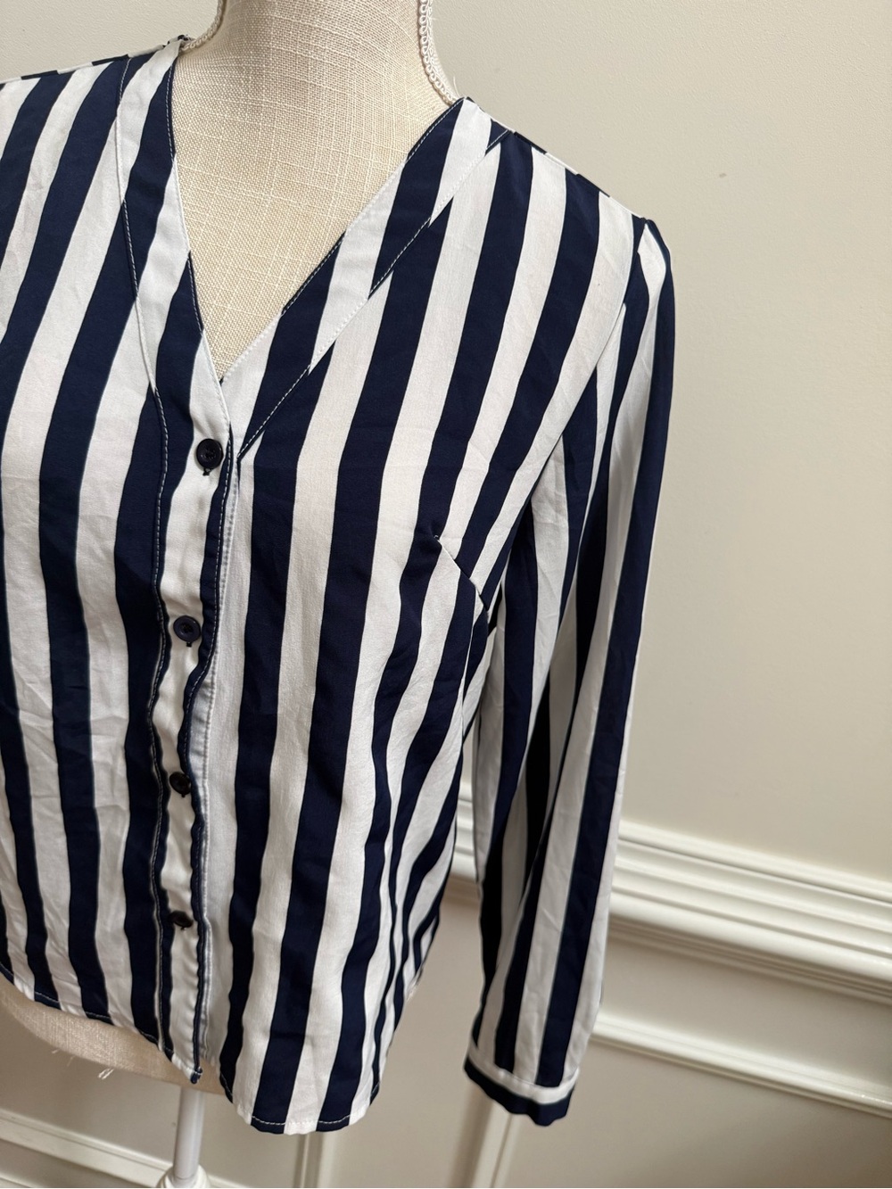 Striped V-Neck Button-Front Blouse - Navy/White - Picture 3 of 6
